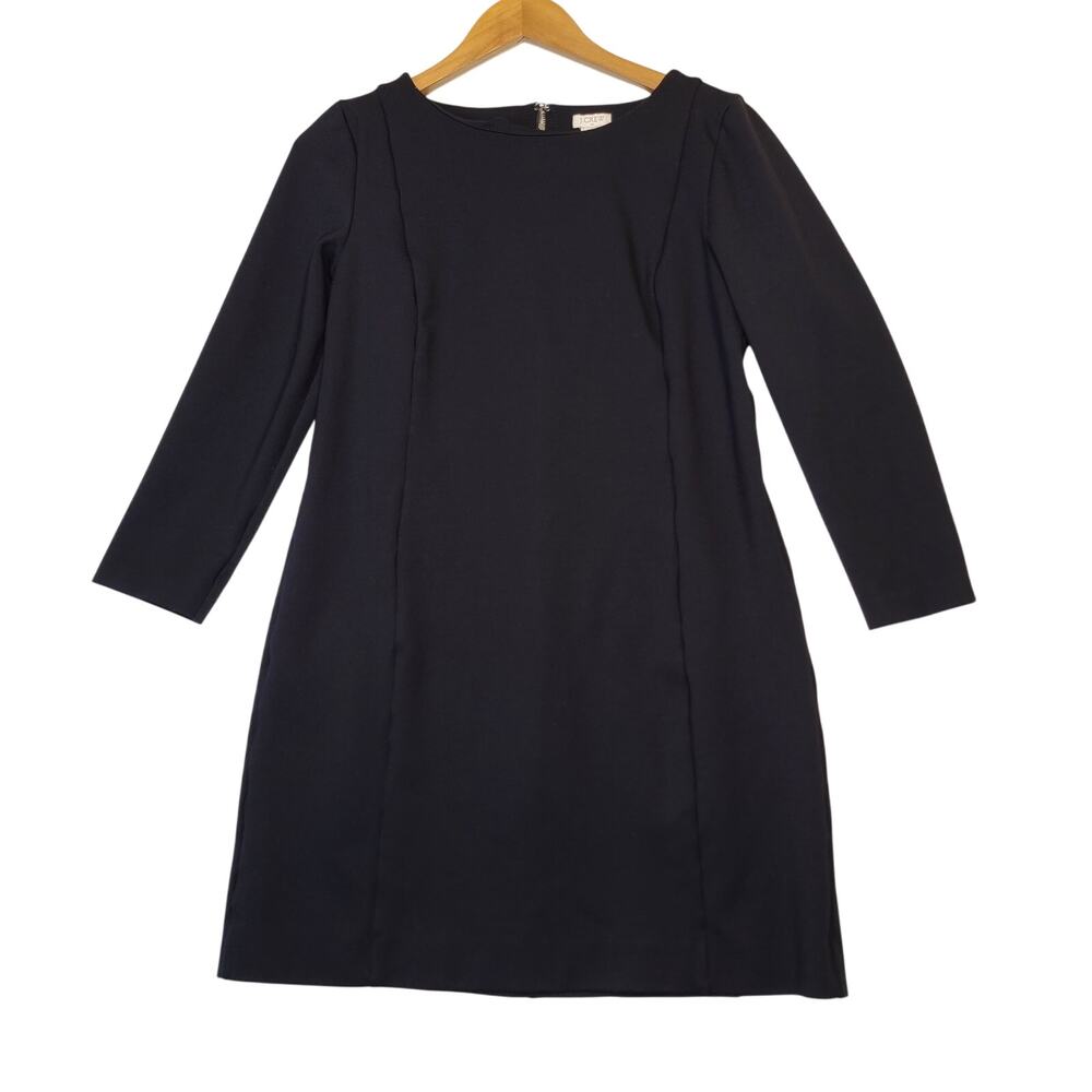 J. Crew Long Sleeve Zip Up Ponte Sheath Black Dress Size M Petite Knee Length